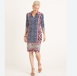 NWT Chico's Shift Dress Mixed-Print Shirt Dress Stretch Collared 3/4 Sleeves 00